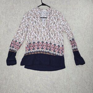 Entro Womens Small Boho Floral & Geometric Print Top With Button Cuffs